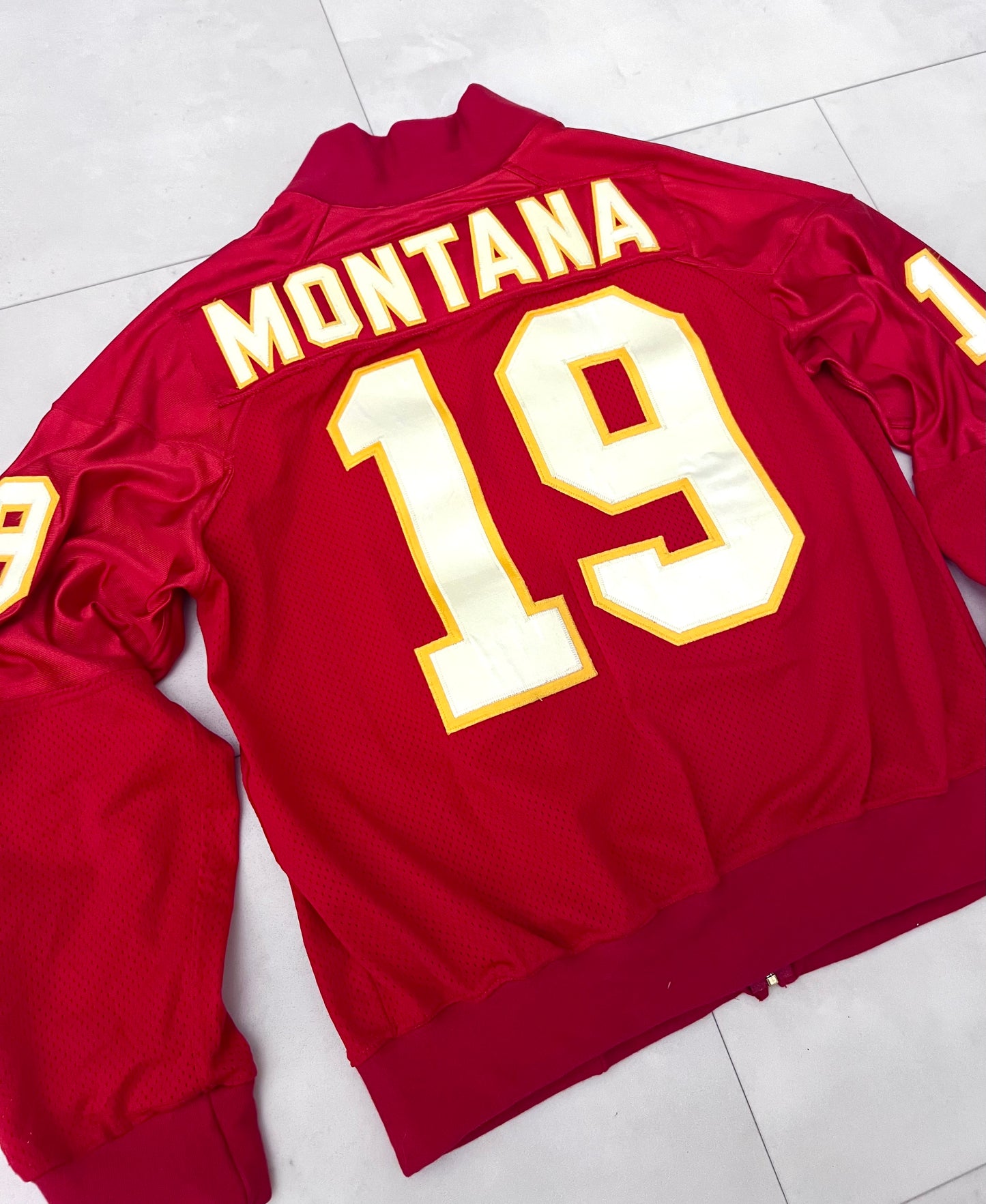 Upcycled M&N Kansas City Raglan Jacket Joe Montana size Large