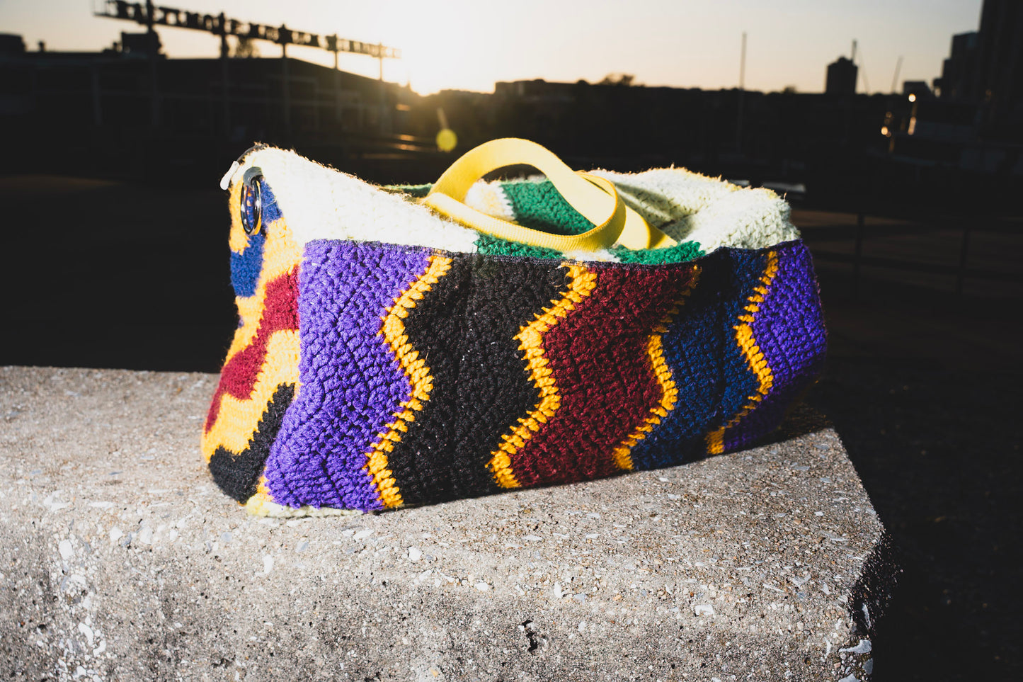 Crochet covered duffle bag