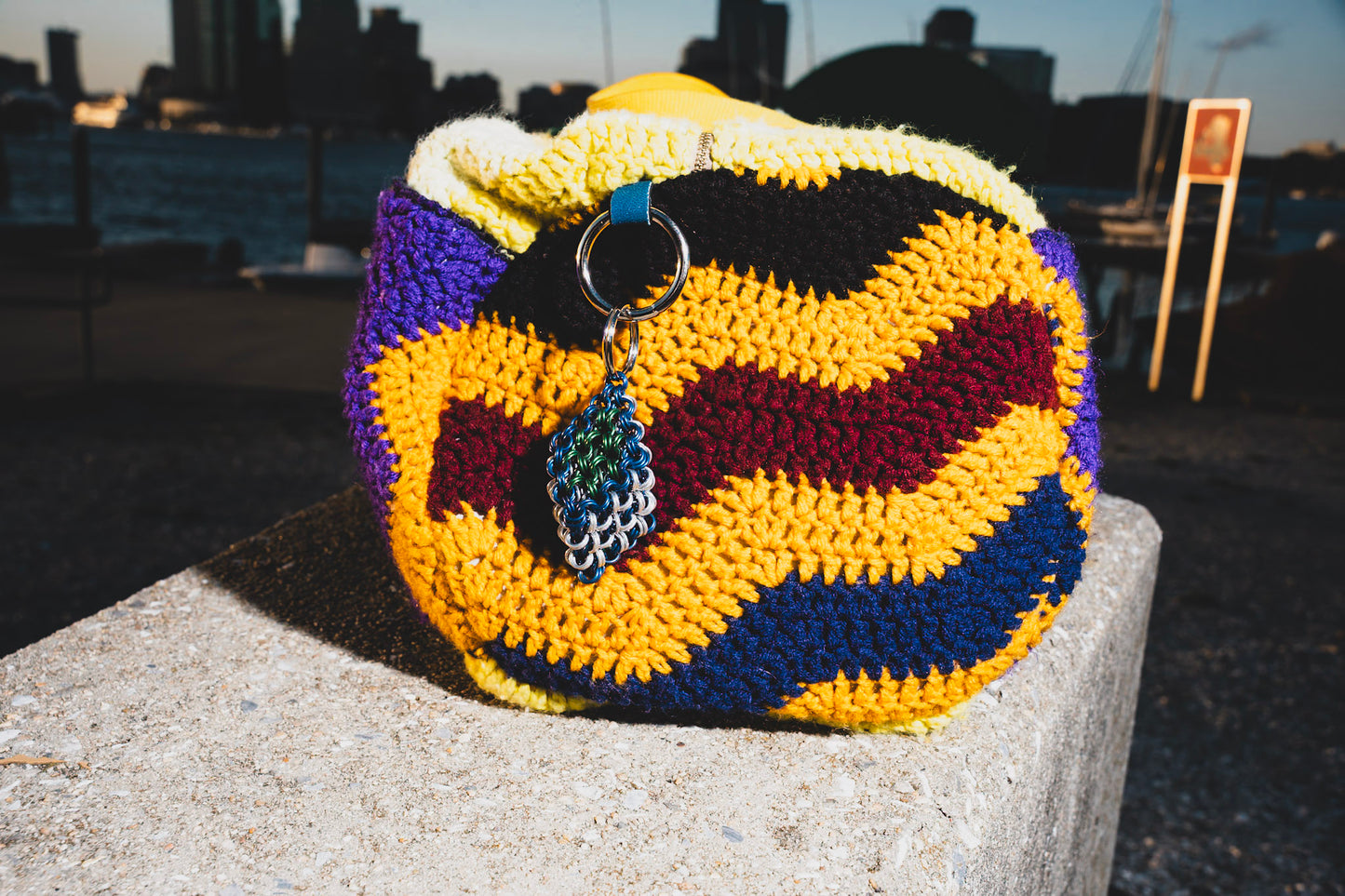 Crochet covered duffle bag