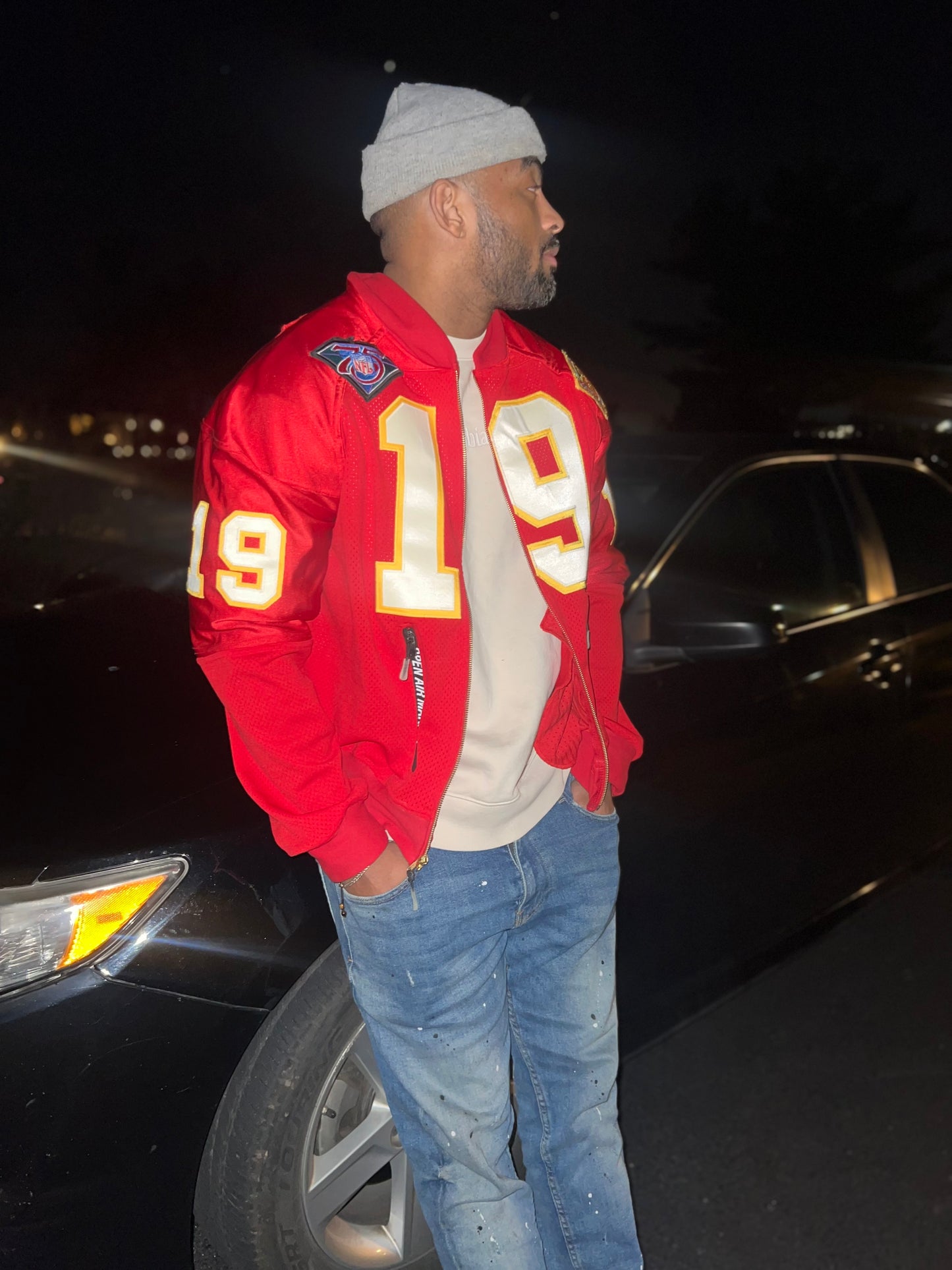 Upcycled M&N Kansas City Raglan Jacket Joe Montana size Large