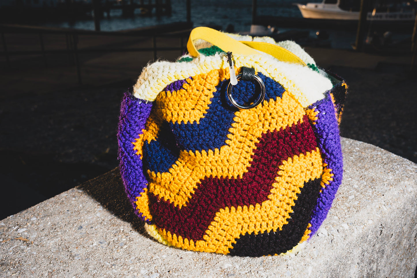 Crochet covered duffle bag