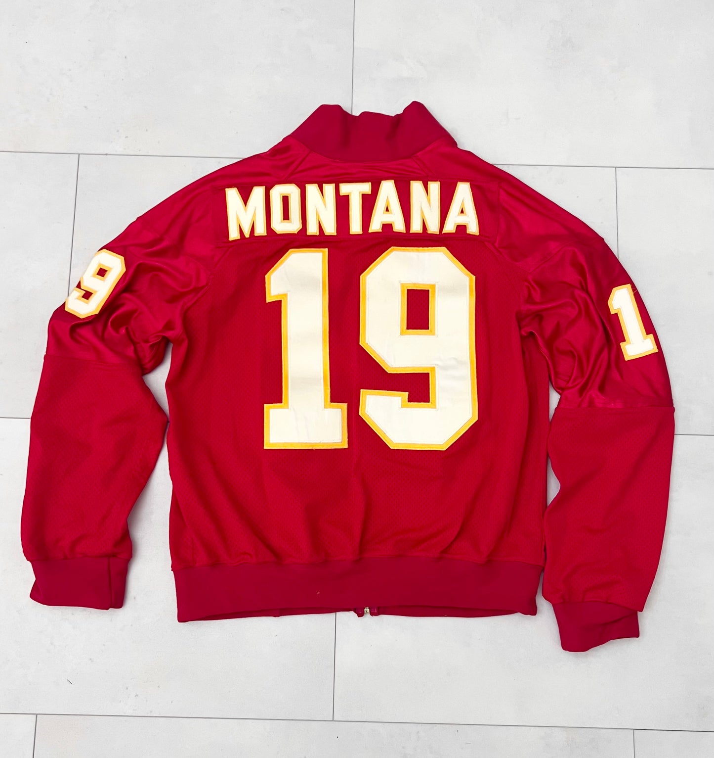 Upcycled M&N Kansas City Raglan Jacket Joe Montana size Large