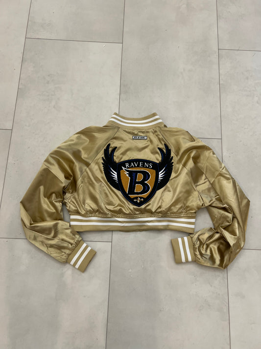 Cropped Satin “Ravens” sideline jacket.