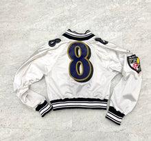 Load image into Gallery viewer, Upcycled Cropped Raglan Baltimore Ravens Jacket. Size Medium