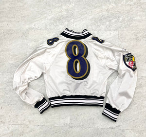 Upcycled Cropped Raglan Baltimore Ravens Jacket. Size Medium