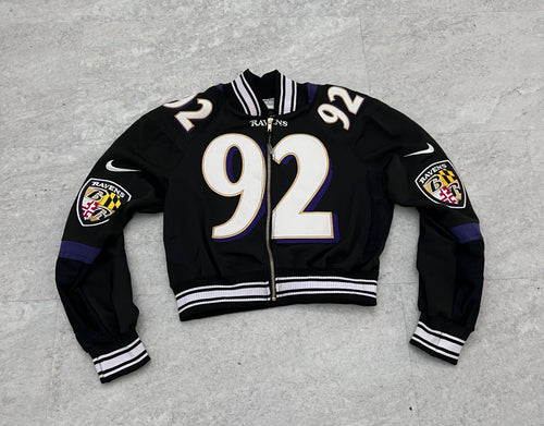 Upcyled Cropped Raglan Baltimore Ravens zip up Jacket. Size Medium