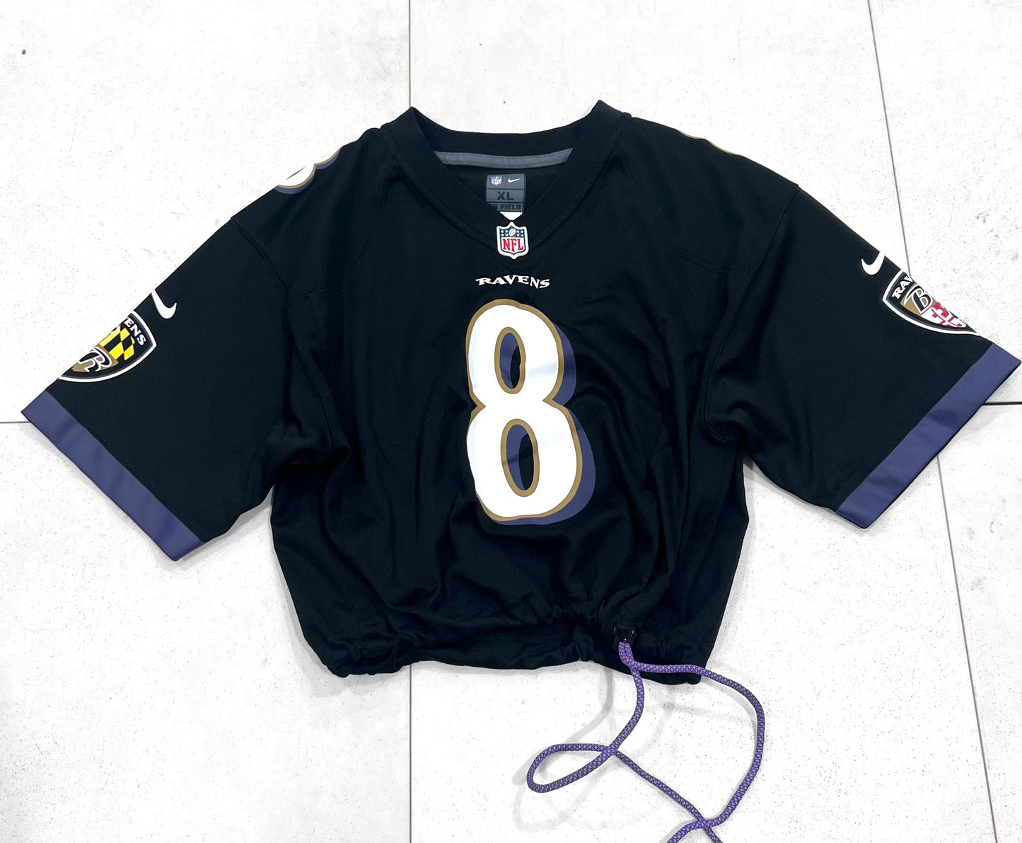 Upcycled Cropped Baltimore Ravens Lamar Jackson size Youth XL/Women Medium