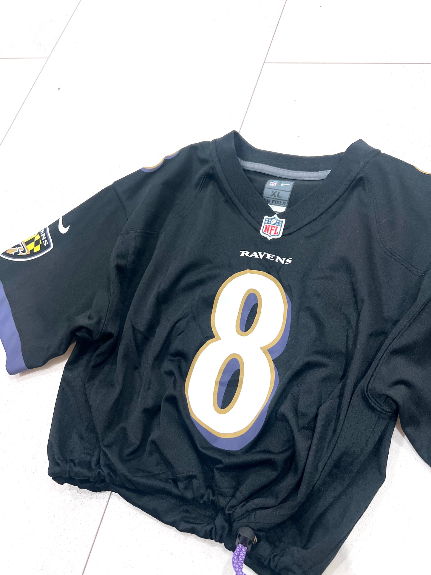 Upcycled Cropped Baltimore Ravens Lamar Jackson size Youth XL/Women Medium