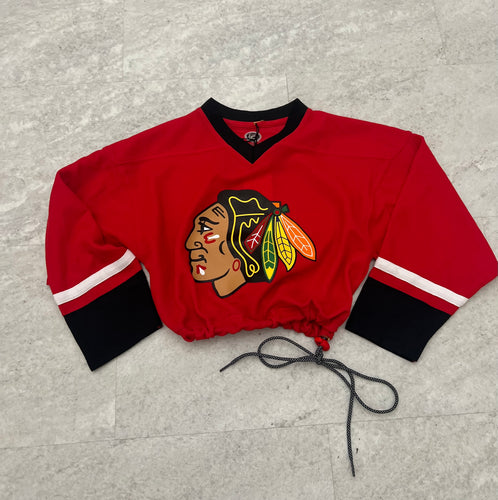 Up-cycled Cropped Chicago Blackhawk jersey size Small