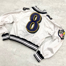 Load image into Gallery viewer, Upcycled Cropped Raglan Baltimore Ravens Jacket. Size Medium