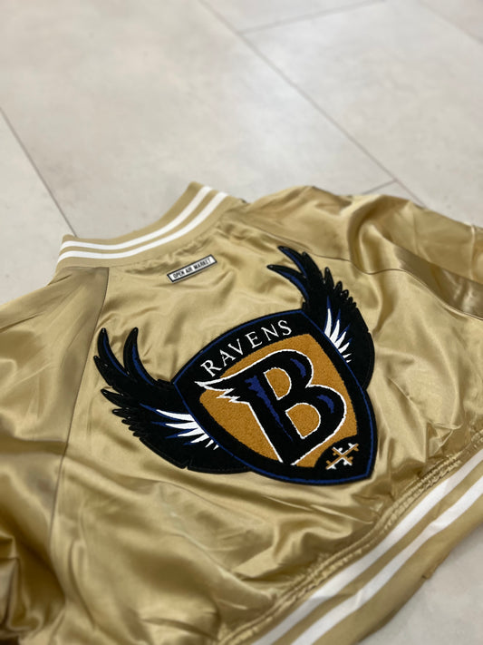 Cropped Satin “Ravens” sideline jacket.