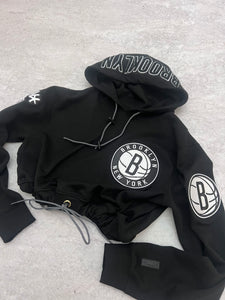 Up-cycled Cropped Brooklyn Nets Pro Standard Hoodie size Large