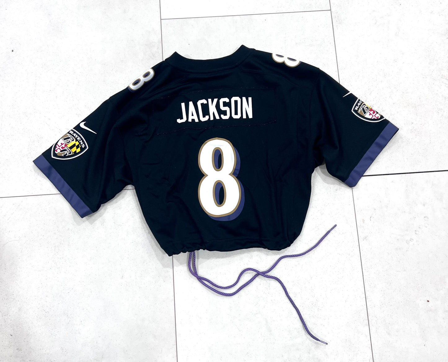 Upcycled Cropped Baltimore Ravens Lamar Jackson size Youth XL/Women Medium