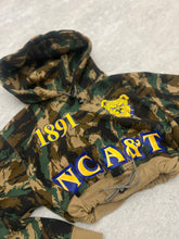 Load image into Gallery viewer, Up-cycled cropped NCA&amp;T camo hoodie size Medium