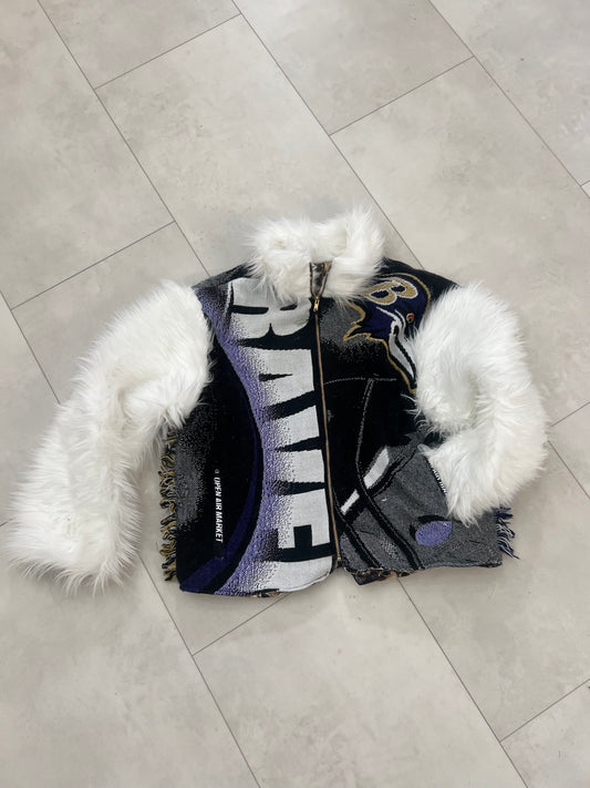 Up-cycled Baltimore Ravens tapestry faux fur coat size Large