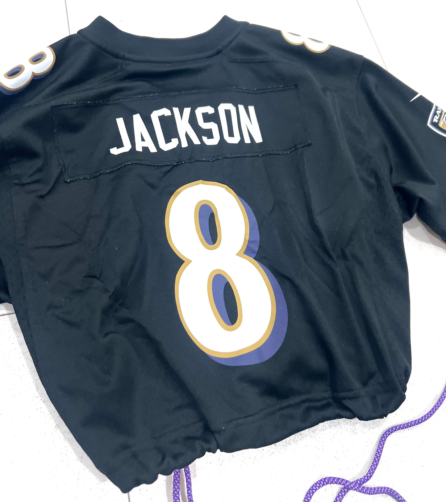 Upcycled Cropped Baltimore Ravens Lamar Jackson size Youth XL/Women Medium