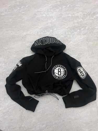 Up-cycled Cropped Brooklyn Nets Pro Standard Hoodie size Large