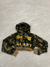 Load image into Gallery viewer, Up-cycled cropped NCA&amp;T camo hoodie size Medium