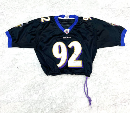 Upcyled cropped Baltimore Ravens jersey size medium.